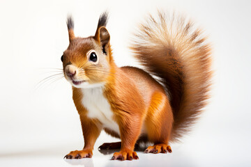 Obraz premium Cute and adorable little scottish red squirrel close up portrait on white background. Clipping path. Realistic animal clipart template pattern. Squirrels' food is fruits and seeds. 