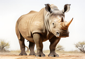 Fototapeta premium White rhinoceros (Rhinocerotidae) stand on ground on white background. Realistic animal clipart template pattern. Rhinos have a general appearance: small eyes, hooked mouth, and very thick skin.