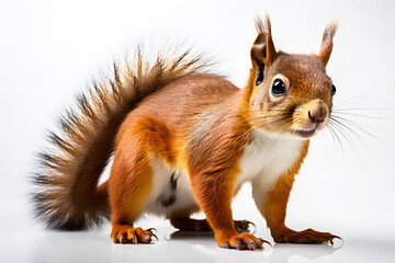 Obraz premium Cute and adorable little scottish red squirrel close up portrait on white background. Clipping path. Realistic animal clipart template pattern. Squirrels' food is fruits and seeds.
