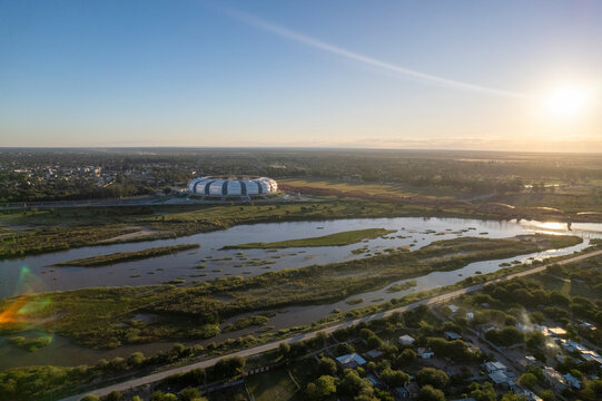 Aerial view of Madre de Ciudades Stadium and bridge, Santiago del Estero, Argentina.
