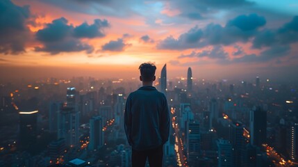 Young Adult Contemplating the Cityscape from High Vantage Point at Dramatic Sunset