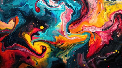 Fototapeta premium Abstract swirls of colorful paint contrasted against a rich black background, evoking artistic inspiration.