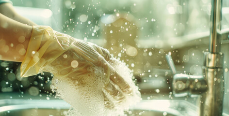 Cleaner hands in gloves washing dishes, selective focus, chore theme, ethereal, double exposure, kitchen sink backdrop