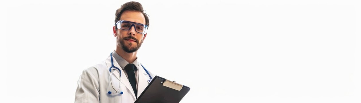 Portrait Of A Chemist Researcher With A Clipboard, Wearing A Lab Coat And Safety Glasses, Isolated On White Background, Professional, Copy Space, High Resolution, Research Environment