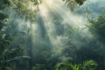 A majestic tropical forest: sunlight peeking through the canopy