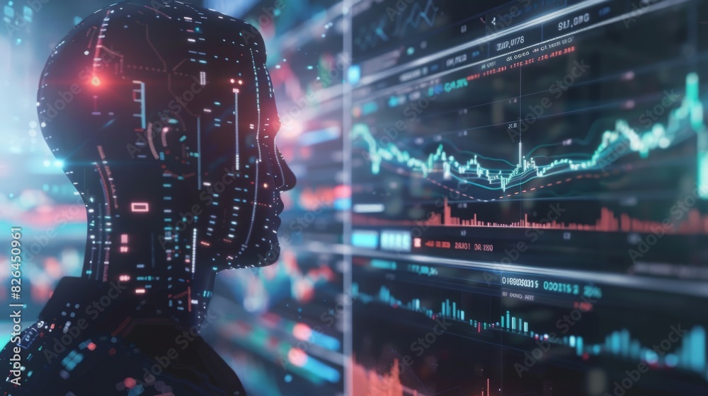 Poster a persons head is focused in front of a display showing various graphs and data sets, analyzing info