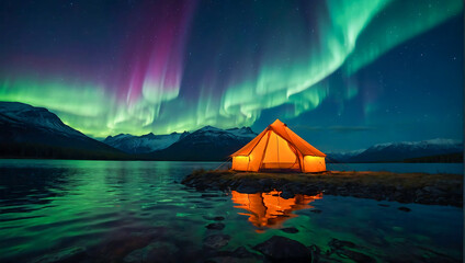 A glowing tent by a calm tranquil lake with the beautiful northern lights dancing in the sky