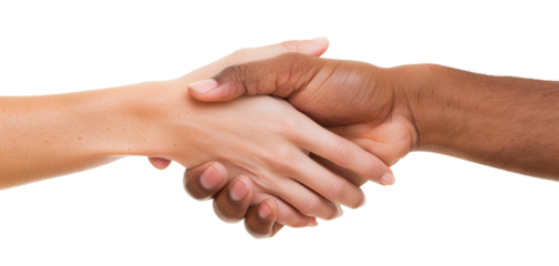 Close-up of a handshake between two people of different skin tones. Symbol of agreement, partnership, and diversity.