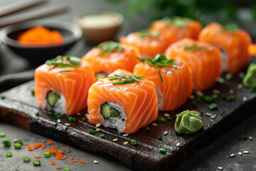Sushi roll with salmon on the plate