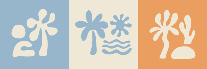Minimalistic banner with groovy abstract beach elements. Abstract Sun and sea boho print design. Minimal cactus © Nastya