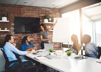 Meeting, whiteboard and presentation with graphs by woman, lens and boardroom. Planning, finance or strategy with data for research, sales or business people for retail sector with chart presentation