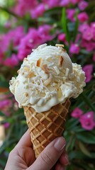 Hand holding vanilla ice cream cone against floral background