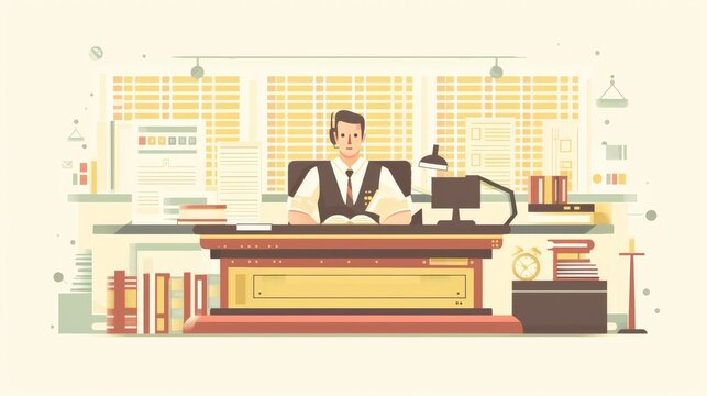 A flat design court reporter character in 2D flat style, depicted sitting at a stenography machine. The background includes elements like a courtroom setting and legal documents. The design is