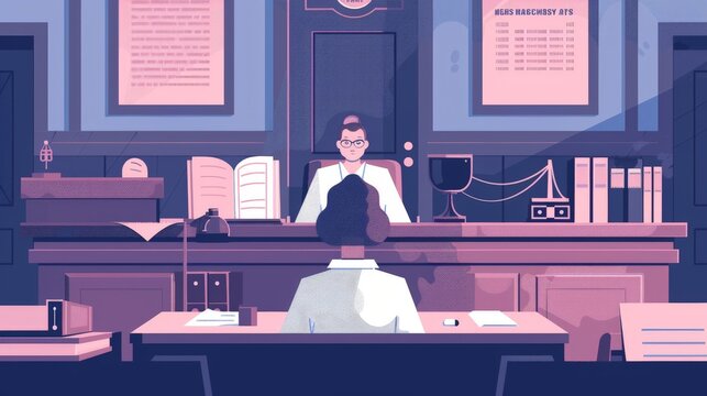 A flat design court reporter character in 2D flat style, depicted sitting at a stenography machine. The background includes elements like a courtroom setting and legal documents. The design is