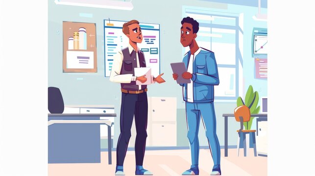 A 2D flat style probation officer character wearing business casual attire, holding a file and talking to a client. The background includes elements like a probation office and motivational posters.