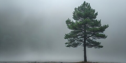 A tall tree stands strong in the mist symbolizing resilience and growth. Concept Nature, Resilience, Tree, Growth, Symbolism