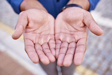 Hands, community and charity with a person begging for financial aid, donation and poverty or...