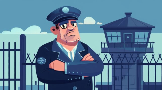 A 2D flat style prison warden character wearing a uniform and standing with arms crossed. The background includes elements like prison bars and a guard tower. The illustration uses flat colors and