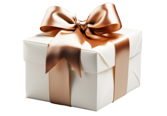 White gift box with light gold satin bow ribbon isolated on cut out PNG or transparent background. Festive holiday Christmas, happy new years, birthday. Festival very special time.