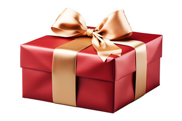 Obraz premium Red gift box with gold satin bow ribbon isolated on cut out PNG or transparent background. Festive holiday Christmas, happy new years, birthday. Festival very special time.