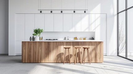 minimalist white kitchen interior with wooden bar island and cabinet poster mockup