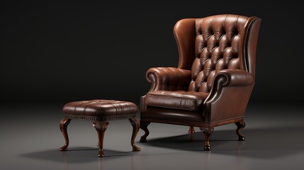 A traditional, comfortable armchair with a matching ottoman and footstool and a high back
