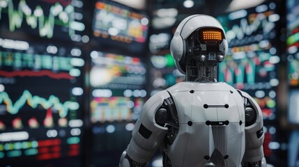 Fototapeta premium A robot stands in front of a wall filled with data, analyzing information and processing algorithms.