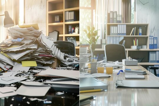 A split image showcasing a messy desk overflowing with papers and clutter compared to a clean and organized workspace promoting better time management