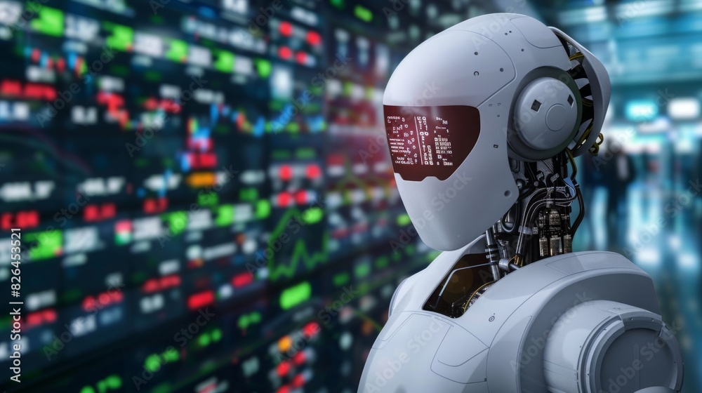 Poster a robot, machine with artificial intelligence, standing in front of a wall covered with numerical di