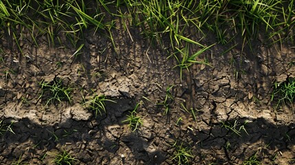 Field of grass with dirt and rocks in the background. Nature concept