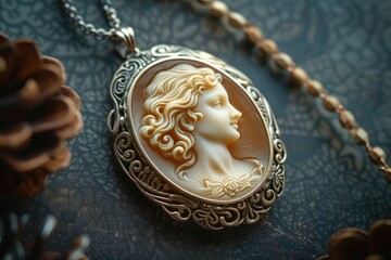 Naklejka premium A vintage cameo pendant featuring a detailed carving of a profile portrait set in a precious metal