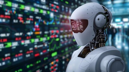 A robot, machine with artificial intelligence, standing in front of a wall covered with numerical digits.