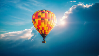 Fototapeta premium Hot air balloon. Colored hot air balloon against the backdrop of the sun shining through the clouds