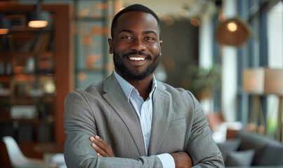 Obraz premium businessman leader, stands with crossed arms and a joyful smile