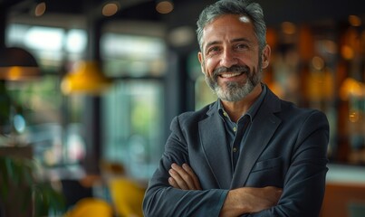 Obraz premium businessman leader, stands with crossed arms and a joyful smile