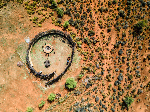 Aerial view of Drie Kuilen Nature Reserve with rocky landscape, Western Cape, South Africa.
