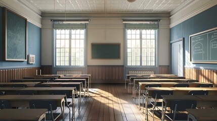 The image shows a classroom with empty wooden student desks and chairs arranged in rows facing a large chalkboard.