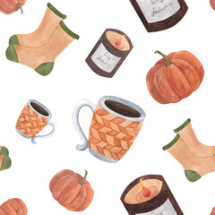 Watercolor autumn 2024 seamless pattern pumpkin mug warm socks aroma candle October For wallpaper textile Halloween decoration postcard Wrapping Kitchen design Cafe Scrapbooking Cozy print Ornament