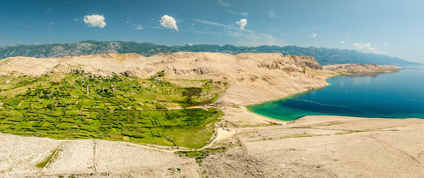 Aerial view of Metajna beach, Novalja, Lika-Senj, Croatia.