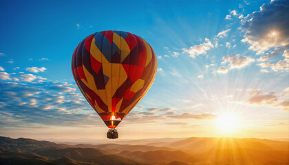 Obraz premium Hot air balloon. A colorful balloon flies over a mountain valley at sunset