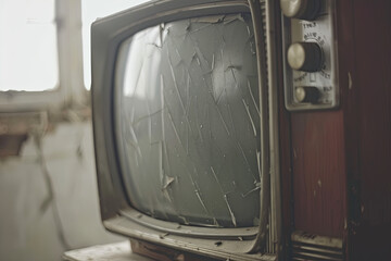 High contrast image of an old vintage TV with white noise on white wood
