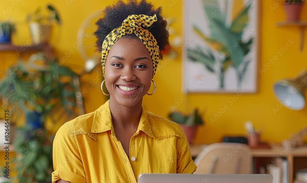 Wall mural Young happy businesswoman working on laptop at creative office and looking at camera