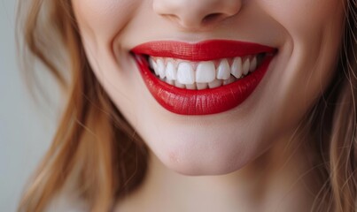 Fototapeta premium Close up Teeth, dental and oral hygiene with a model woman in studio on a gray background for teeth whitening. Dentist