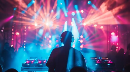 Colorful lights shining on the DJ stage, with silhouette of an Asian male dj playing music in front of people dancing at night club party