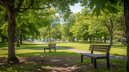 A vivid, realistic image of a long bench in a tranquil park setting, surrounded by lush greenery. The calm and serene atmosphere invites relaxation and peace, brought to life by AI generative.