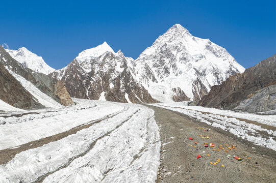 Aerial view of snow-capped Himalayas and Godwin Austen glacier, K2, angel peak, and broad peak base camp, Shigar, Gilgit-Baltistan, Pakistan.
