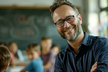 Obraz premium Portrait of mature teacher looking at camera with copy space. Happy mid adult lecturer at classroom standing after giving lecture. Satisfied high school teacher smiling while his students studying.