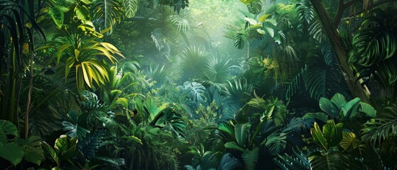 Lush tropical rainforest with dense foliage, vibrant greenery, and sunrays filtering through the canopy. Exotic jungle landscape, rich biodiversity.