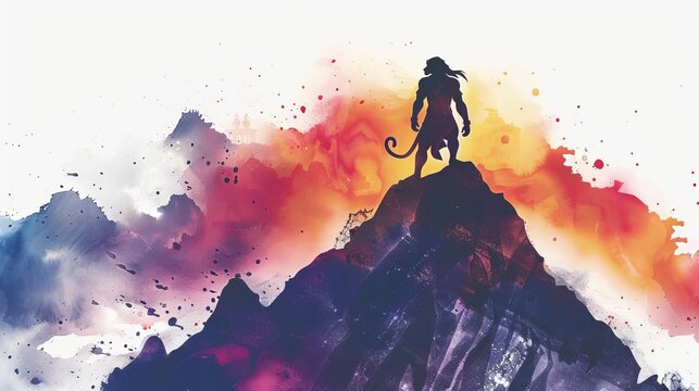 powerful hanuman silhouette on mountain top majestic watercolor illustration