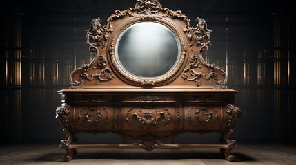 A traditional, ornate dresser with a large mirror and intricate carvings and a soft material